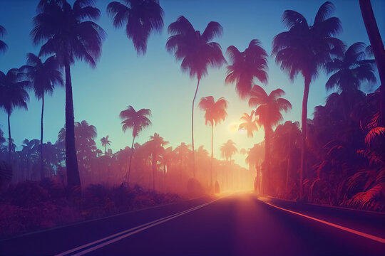 3d Illustration Of Road With Palm Trees Around And Sunset