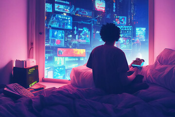3d illustration of person in neon lights room with laptop at night