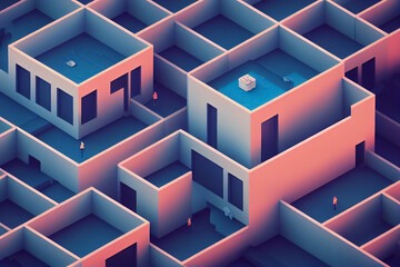 3d illustration of isometric city in blue and pink colors