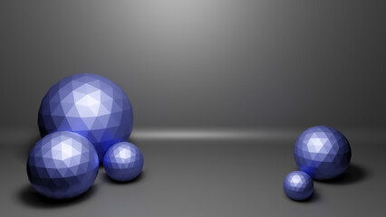 Group of blue low poly polygonal balls or spheres in realistic 3D studio interior with copy space for text