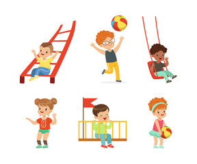 Cute Little Kids Having Fun Playing at Playground Enjoying Outdoor Activity Vector Set