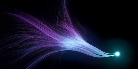 Abstract 3D illustration of glowing blue and purple orb with long curly waving tendrils, science or research concept, neuron cell or synapse visualization on black background