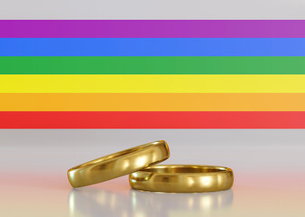 Two gold wedding rings and rainbow lgbt flag. Equal homosexual marriage. LGBT community, include lesbians, gays, bisexuals and transgender people. Diversity, homosexuality. Lgbt rights, law. 3D render