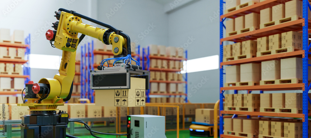 Poster factory automation with robot arm picks up the box to agv in transportation to increase transport mo
