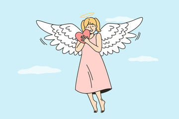 Girl soars in sky hugging heart, smiling. Joyful angel with wings, halo flies in heaven, gives people hope, love, consolation, peace, healing, care. Charity, benefaction, volunteering vector concept.