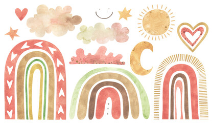 Watercolor set with rainbows, clouds, moon and sun. Boho pastel elements for Birthday cards, wedding invitations, logotype design