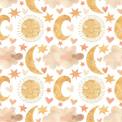 Watercolor seamless pattern with yellow sun, moon, clouds, stars and hearts. Delicate repeatable background