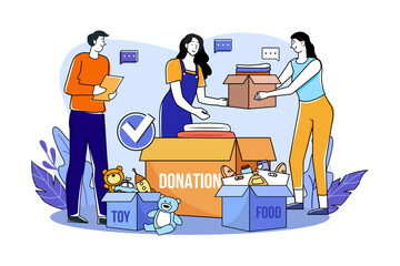 Group of volunteers sorting charity items