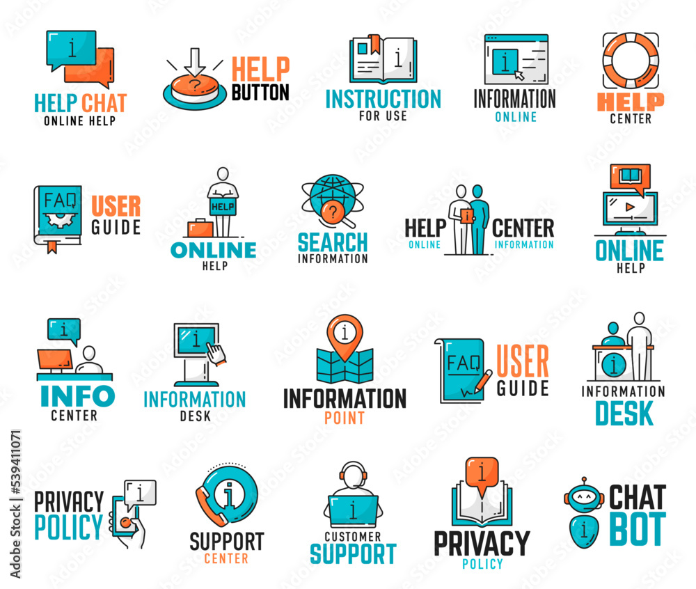 Aufkleber Support center, information and instruction, guide and help, privacy policy icons. User consultant or chat bot, client callcenter minimal icons, customer hotline or helpdesk thin line vector symbols