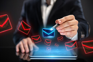 Businessman sorts emails from spam. The concept of informational noise and intrusive advertising....