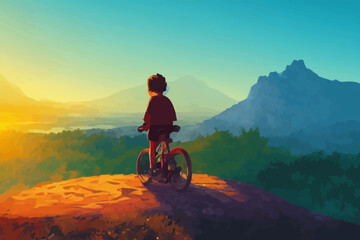 Fototapeta na wymiar kid on bicycle on a mountain looking at the evening sunset