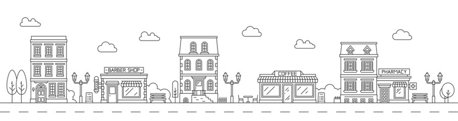Neighborhood line art cityscape. Town city street. Downtown outline landscape or neighborhood urban architecture vector background with city shop or store, barbershop exterior, cafe facade © Vector Tradition
