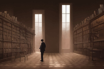 Fototapeta na wymiar man standing in a mysterious library digital art style