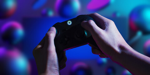 gamer playing the online game with joystick controller in neon glow dark cyberpunk room, gaming and e-sports challenge tournament streaming, streamer with analog device in living house © issaronow