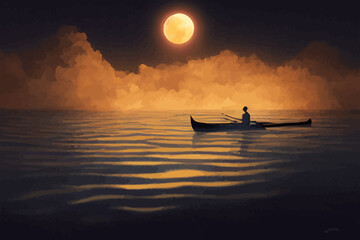 night scenery of a man rowing a boat among waves