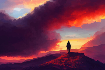survivor standing at the top of the mountain looking on  the red clouds
