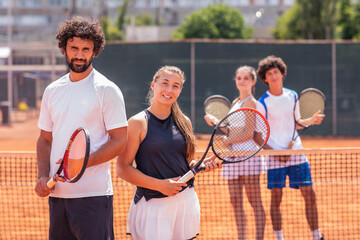 Portrait of a group of young friends in sportswear standing with rackets on the tennis court outdoors
