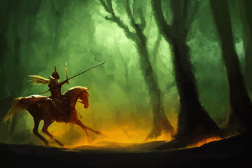 the knight with spear riding a horse through the fire - obrazy, fototapety, plakaty