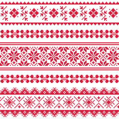 Ukrainian traditional folk art Vyshyvanka seamless cross-stitch pattern in red on white background, embroidery style decoration
