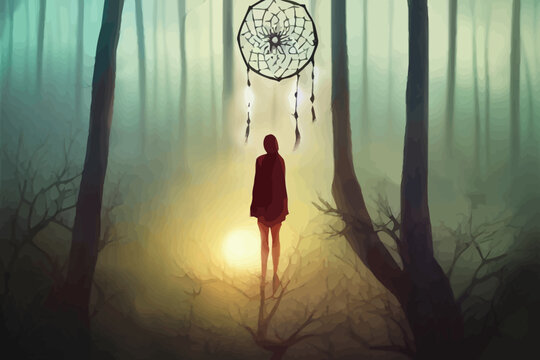 woman standing and looking at the dreamcatcher hanging