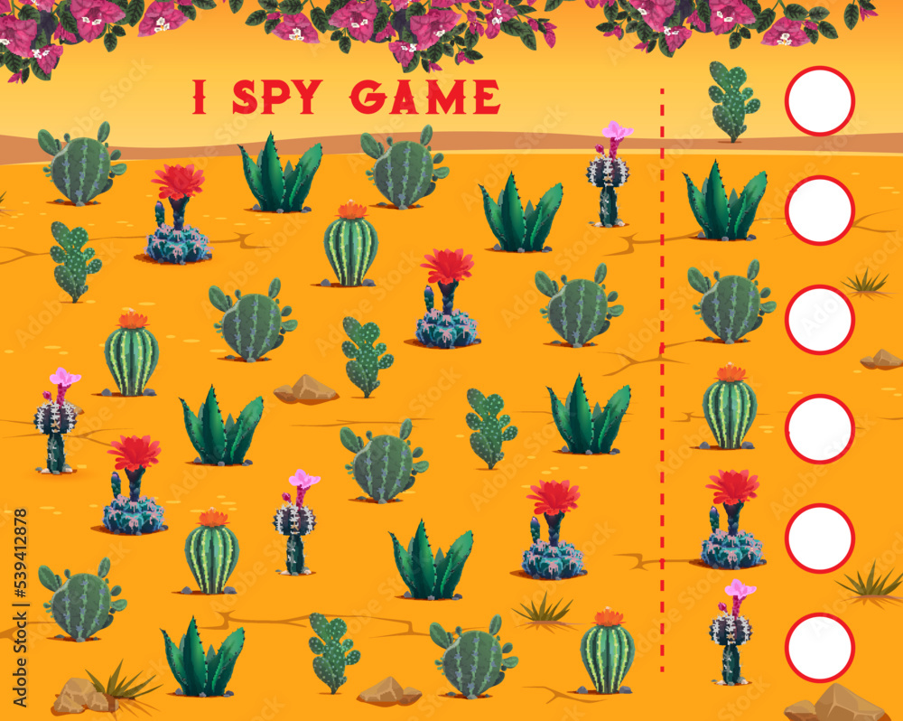 Aufkleber I spy game. Mexican cactus succulents in desert on kids game worksheet, children math riddle or puzzle with objects searching and counting task. Child educational quiz with cartoon flowering cactuses
