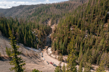 Landscape Altai Russia road among rocks Red gates Katu-Yaryk pass. Aerial top view