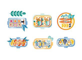 Plates with Different Seafood Like Carp, Sushi, Oyster and Shrimp Flat Vector Set