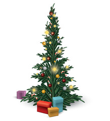 Illustration of Christmas tree decorated with gift box isolated on transparency background.