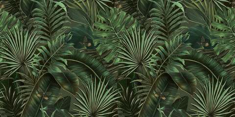 Tropical exotic seamless pattern with tropical green palm, colocasia, banana leaves. Hand drawing botanical vintage background. Suitable for making wallpaper, printing on fabric, wrapping, fabric. - obrazy, fototapety, plakaty