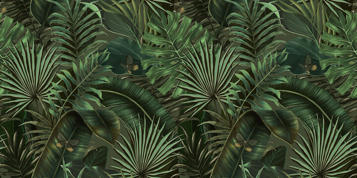 Tropical exotic seamless pattern with tropical green palm, colocasia, banana leaves. Hand drawing botanical vintage background. Suitable for making wallpaper, printing on fabric, wrapping, fabric.
