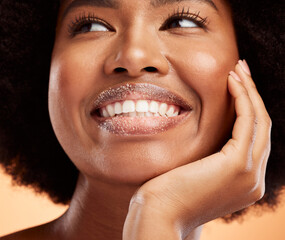 Black woman, lip sugar makeup or skincare health of exfoliate model with smile on orange studio...