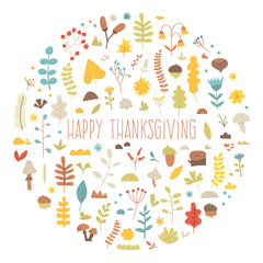 Obraz premium Thanksgiving day vector greeting card. Autumn abstract background, season, fall. Pattern of hand drawn branches, flowers, leaves, berries, mushrooms and acorn. Flat illustration with cute doodle plans