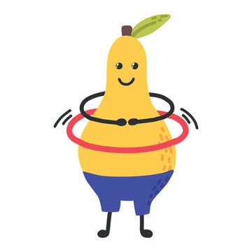 recommend clip art: A cute pear is spinning a hoop. Sports, hobbies, exercises. Fruit character. Vector pear in kawaii style. Sports healthy pear. The concept of doing sports.