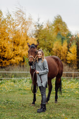 Woman on a horse at rancho. Horse riding, hobby time. Concept of animals and human