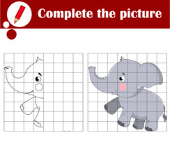 Educational game for children. Copy the picture. Cute elephant. Coloring book