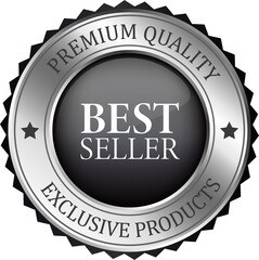 Realistic silver best seller labels and badges. Silver labels and badges of seal quality product illustration.