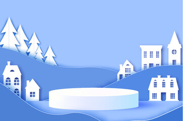Christmas podium with paper cut houses on blue. City village landscape village. Pedestal on with minimal geometric houses, paper cut waves for display product mockup design. Blue.