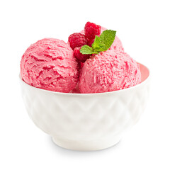 Scoops of cold sweet refreshing berry ice cream or organic sorbet of pink color decorated with juicy ripe raspberries and green fresh mint leaf served in ceramic bowl isolated on white background