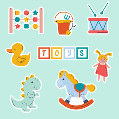 A set of stickers for children's toys. Pony, doll, dice, duck, dinosaur, drum