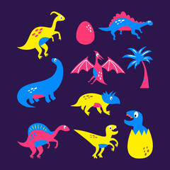 Ten cute dinosaurs in egg elements isolated on purple background.
