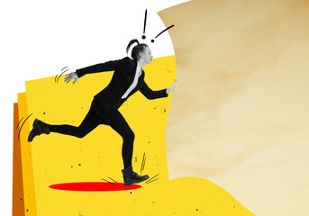 Contemporary art collage. Creative design. Young woman, worker, employee running with big paper symbolizing new ideas or contract