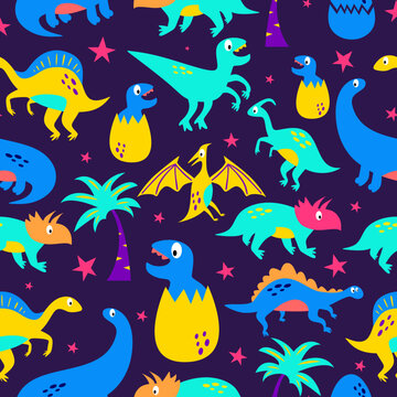 Cute dinosaurs seamless pattern isolated on purple background.