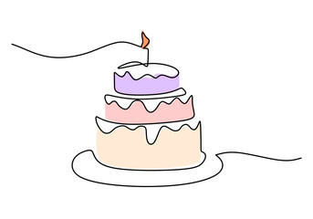 One continuous single line of birthday cake isolated on white background.