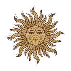 Mystical sun with face. Bohemian golden sun. Tattoo, sticker, tarot card