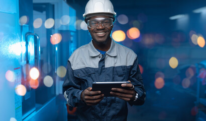 Professional african american engineer worker use tablet computer background CNC machine. Happy...