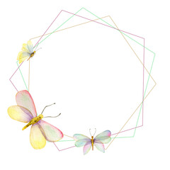 Frame with butterflies. Watercolor illustration. Hexagon, moths.