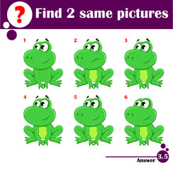 Children educational game. Find two same pictures of cute frog