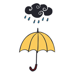 Open umbrella under cloud. Hand drawn vector doodle illustration. Autumn and spring rainy weather colorful clip-art for logotype, icon, weather forecast, autumn clothes design.