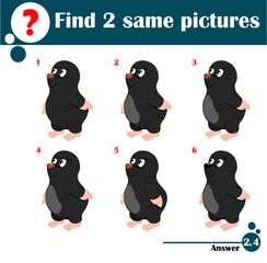 Children educational game. Find two same pictures of cute mole