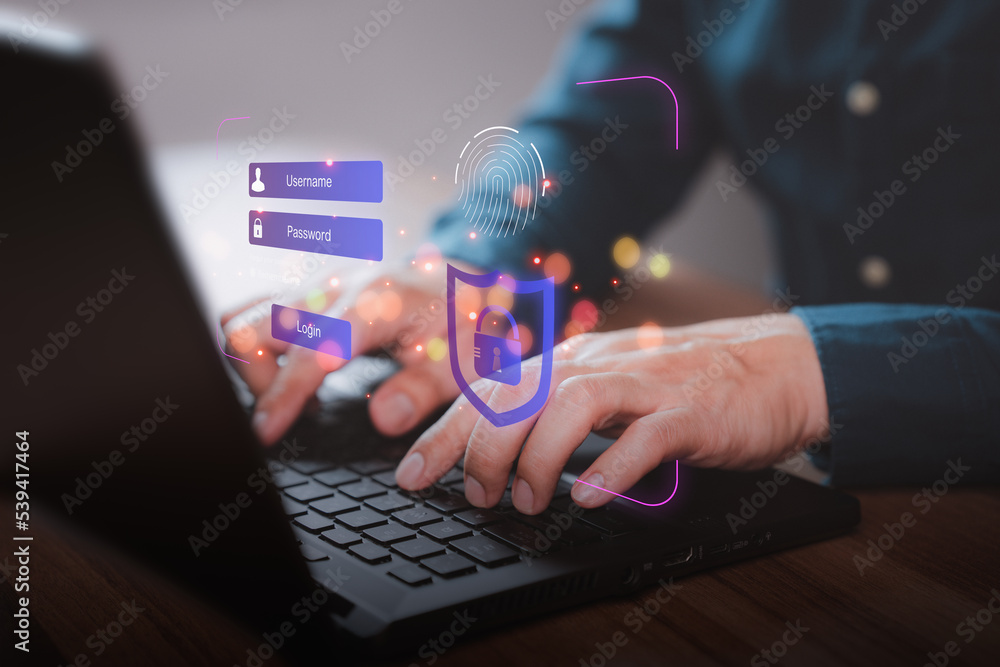 Poster Man login with fingerprint scanning technology in the computer. Secure encryption and access to the user's private information to access the Internet.